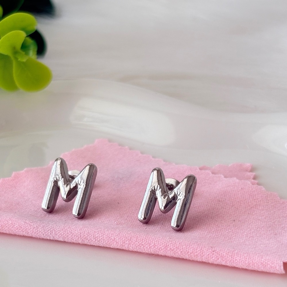 Silver Bubble Letter M Stud Earrings Stainless Steel